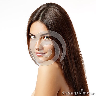 teen girl cheerful enjoying beauty portrait with beautiful bright brown long hair Stock Photo