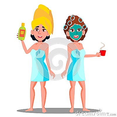 Teen Girl With Cosmetic Mask On Face And Spa Cream Tube In Hand Vector. Isolated Illustration Vector Illustration