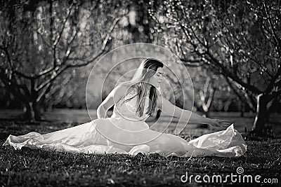 Teen girl in a field of cherry blossoms Stock Photo