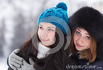 Teen girl friends outdoors in winter Stock Photo