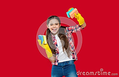 teen girl housecleaner do chores isolated on red. girl housecleaner do chores in studio. Stock Photo