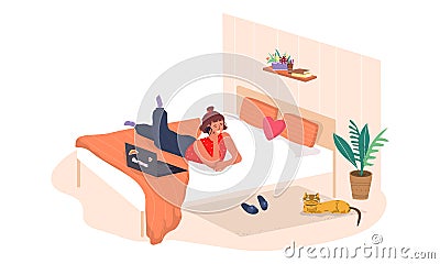 Teen girl lying on the bed, chatting on the phone and laughing. Happy girl at home resting and chatting on the phone. Vector Illustration