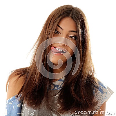 Teen girl make crazy funny faces isolated on white Stock Photo
