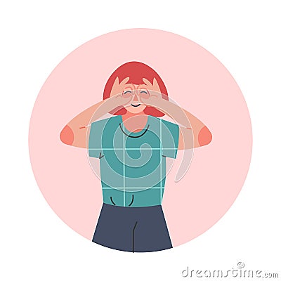 Teen Girl Making Symbolic Gesture of Binoculars, Teenager Expressing Positive Emotions, Nonverbal Communication Concept Vector Illustration