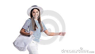 teen girl in marine style at studio, copy space advertisement. teen girl in marine style Stock Photo