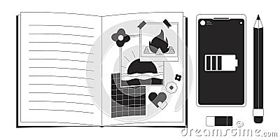 Teen girl notebook smartphone black and white 2D line cartoon objects set Vector Illustration