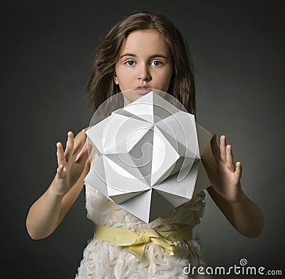 Teen girl with paper in hand polygon figure. Stock Photo