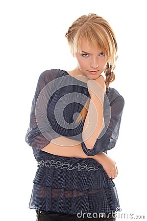 Teen girl stares looks to camera Stock Photo