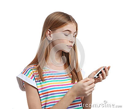 Teen girl using glucometer on white background. Stock Photo