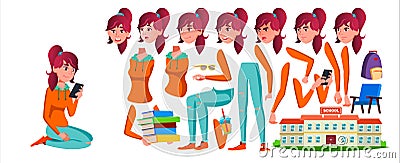 Teen Girl Vector. Animation Creation Set. Face Emotions, Gestures. Caucasian, Positive. Animated. For Banner, Flyer, Web Vector Illustration