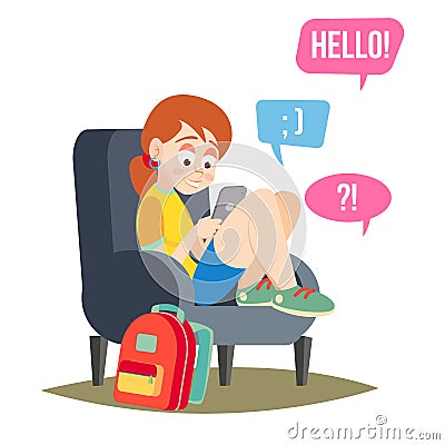 Teen Girl Vector. Teen Girl Texting With Cell Phone. Smart Phone Chatting Addiction. Cartoon Character Illustration Vector Illustration