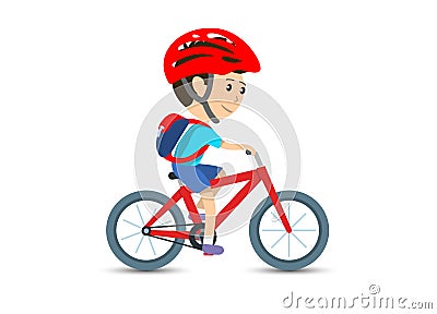 Teen kid school boy cycling on bicycle wearing backpack and helmet, vector illustration Vector Illustration