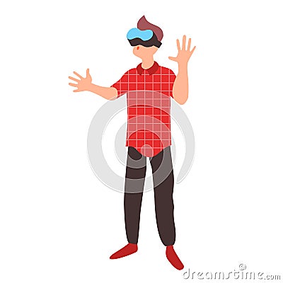 Teen learns in virtual reality glasses. Teenager wearing vr headset. A boy plays a game in augmented reality. Vector Illustration