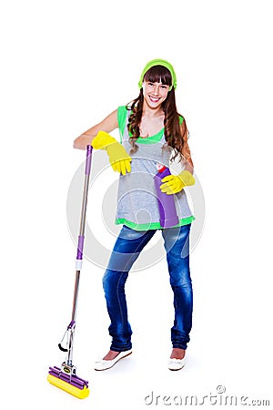 Teen with mop and cleanser Stock Photo