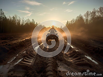 Illustration of a person riding an ATV in the mud. Extreme offroad ride. Cartoon Illustration