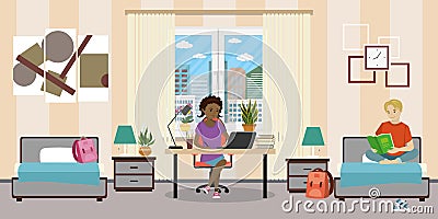 Teen room interior.African american female teen working on lapto Vector Illustration