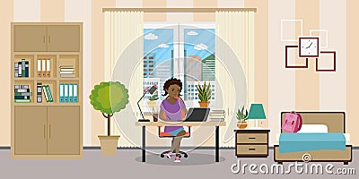 Teen room interior.African american female teen working on lapto Vector Illustration