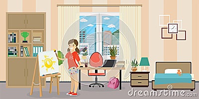 Teen room interior.Cute caucasian schoolgirl teen with easel,brush abd paints Vector Illustration