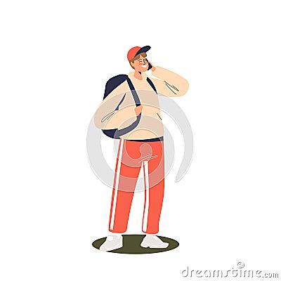 Teen school boy speak on mobile phone. Schoolboy with backpack talking call with smartphone Vector Illustration