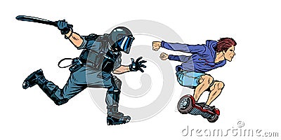 Teen skateboarder. riot police with a baton Vector Illustration