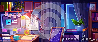 Teen student workspace near window at home Vector Illustration