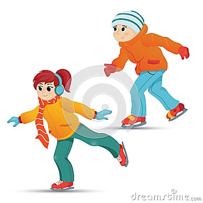 Teenage boy and girl ice skating, winter sport Vector Illustration