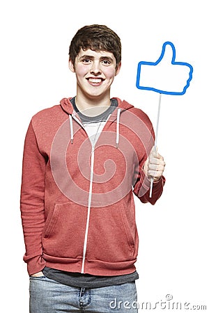 Teenage boy holding a social media sign smiling Stock Photo