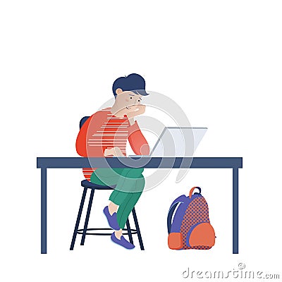Teenage boy, kid looking at laptop screen, coding Vector Illustration