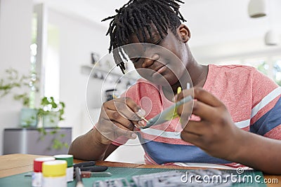 Teenage Boy Makes Model Aeroplane From Kit On Table At Home Stock Photo