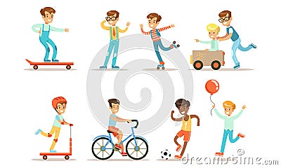 Teenage Boy Outdoor Activities Set, Boy Doing Sports, Riding Bicycle, Kick Scooter, Skateboard Rollerblading, Playing Vector Illustration