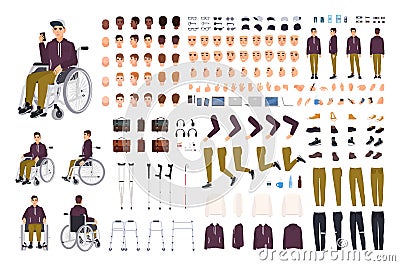 Teenage boy with physical disability creation set or constructor kit. Collection of disabled man body parts, gestures Vector Illustration