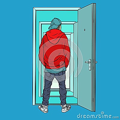 A teenage boy stands on the threshold of an open door Vector Illustration