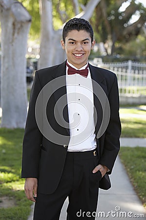 Teenage Boy In Tuxedo Standing With Hand In Pocket At Quinceanera Stock Photo