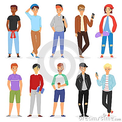 Teenage boy vector young male person character and handsome boyfriend illustration boyish set of youth teen or student Vector Illustration