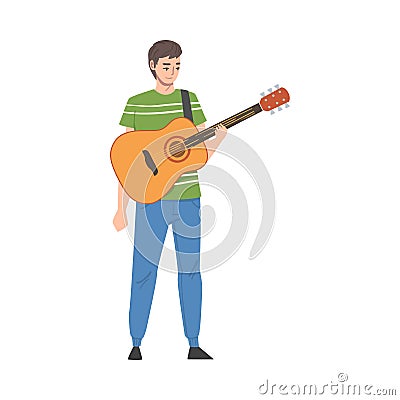 Teenage Boy Wearing Casual Clothes Playing Acoustic Guitar, Musician Guitarist Character Performing at Concert Cartoon Vector Illustration