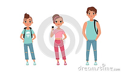 Teenage Boys and Girl Standing with Backpacks, Stage of Growing up of People Cartoon Vector Illustration Vector Illustration