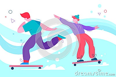 Teenage boys skateboarders flat abstract vector illustration Vector Illustration