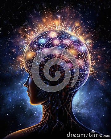 A teenage brain with pathways lit up like the night sky showcasing the vast universe of knowledge being Psychology Stock Photo