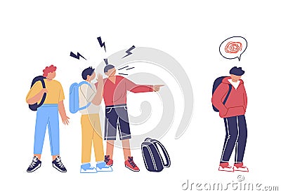 Teenage bullying. A group of negative people suppress sad, weeping children. The concept of discrimination and Vector Illustration