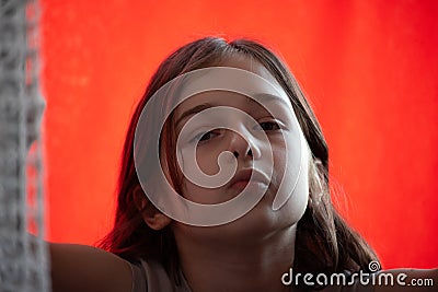 Teenage with a caret. Girl 9 or 10 years old. A cute baby Stock Photo