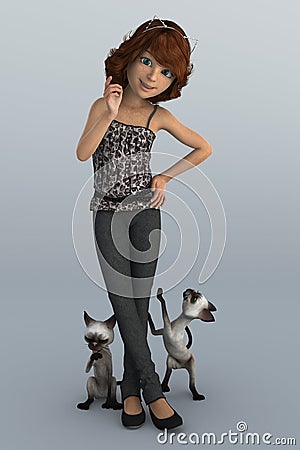 Teenage CGI girl with her two cartoon Siamese cats Stock Photo