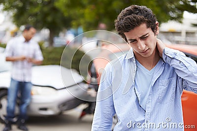 Teenage Driver Suffering Whiplash Injury Traffic Accident Stock Photo