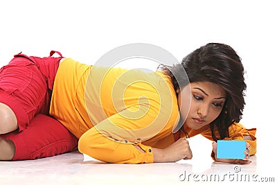 Teenage girl with blue credit Stock Photo