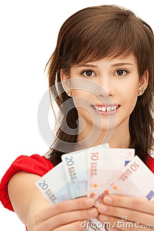 Teenage girl with euro cash money Stock Photo