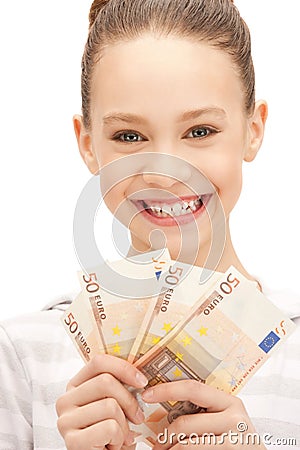 Teenage girl with euro cash money Stock Photo