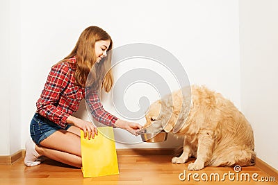 Teenage girl feeding her Golden Retriever doggy Stock Photo