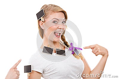 Teenage girl having little blackboards in hair Stock Photo