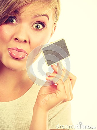 Teenage girl holding little school blackboards Stock Photo