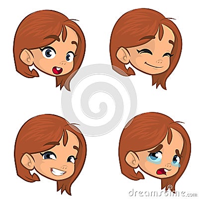 Teenage girl making four different face expressions set. Girl face expressions, vector illustration Vector Illustration