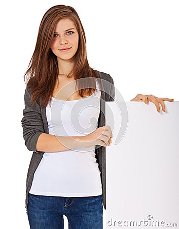 Teenage girl next to white placeholder Stock Photo
